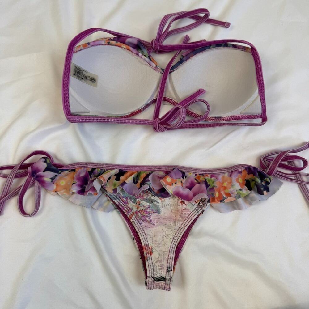 Free People Capittana Ruffle S Two Piece Bikini Set Purple Floral Molded Cups - Picture 5 of 5